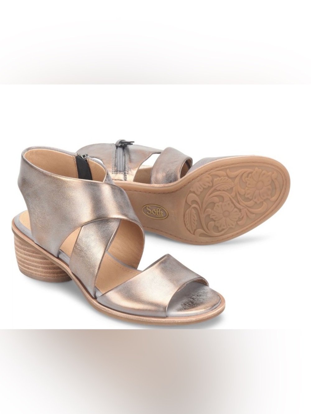 Sofft Women's Camille Heeled Sandals Bronze Leather Cross Strap Size 6.5